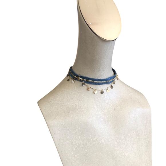 ettika NWT Denim And Gold Plated Brass Disc Chain Lobster Clasp Choker Necklace - Picture 2 of 10